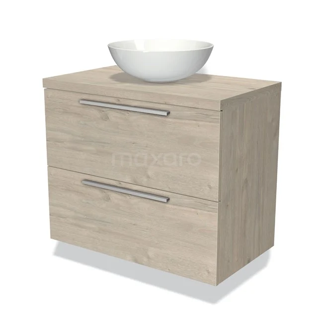 Badezimmermöbel aus Eiche mit zwei Schubladen und einem weißen keramischen Aufsatzwaschbecken, modernes Design für ein stilvolles Badezimmer.