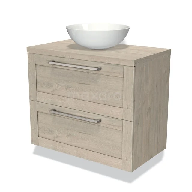 Oak bathroom unit with basin bowl, two drawers and sleek design for a modern bathroom design.