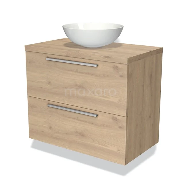 Badmöbel mit Konsole 80cm Modulo Plato Hellbraune Eiche 2 Schubladen Flach BMK17-00033 Holz Badezimmermöbel mit zwei Schubladen und weißem Aufsatzwaschbecken, modernes Design mit metallischen Griffen, ideal für jeden Badezimmer Stil.