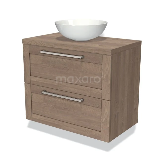 Wooden bathroom unit with two drawers and a round white countertop wash basin, perfect for a modern bathroom design.