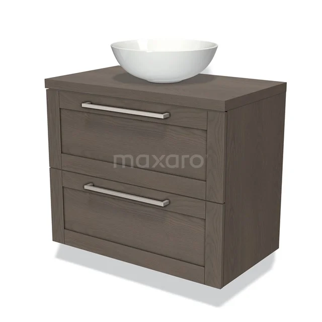 Wastafelmeubel houtlook, 2 lades, met witte kom bovenop, ideaal voor een moderne badkamerstijl.