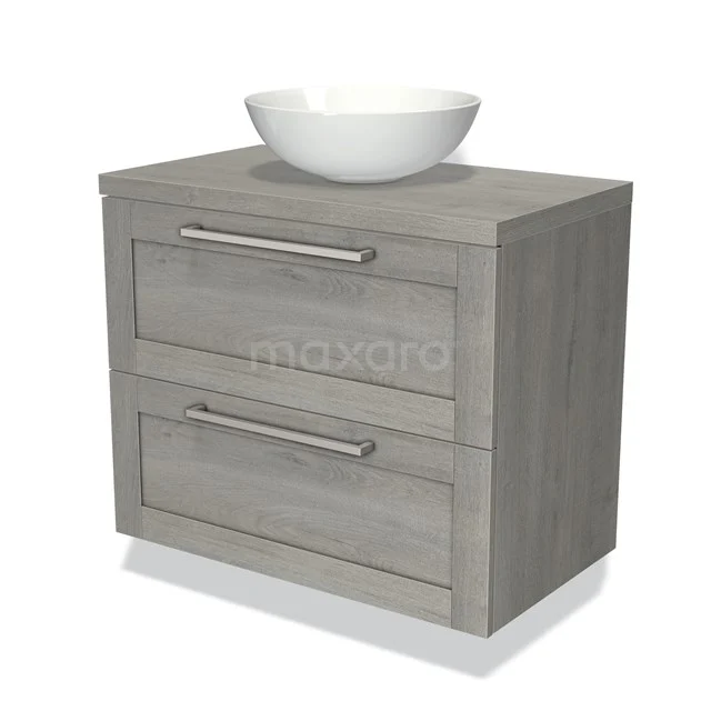Grijze houten wastafelmeubel met twee lades en een ronde witte waskom, modern ontwerp perfect voor elke badkamer.