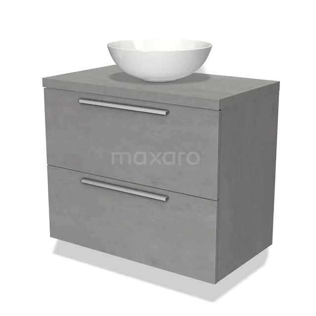 Graue Badmöbelset mit Aufsatzwaschbecken, Betonlook-Design und zwei Schubladen mit metallenen Haltegriffen für moderne Bäder.