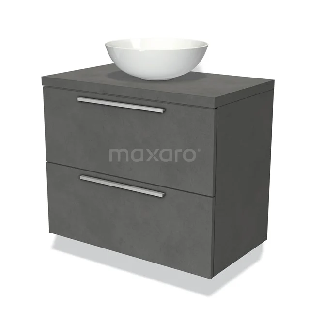 Grijs badkamermeubel met twee lades en witte ronde wastafel, modern design, ideaal voor een stijlvolle badkamer inrichting.