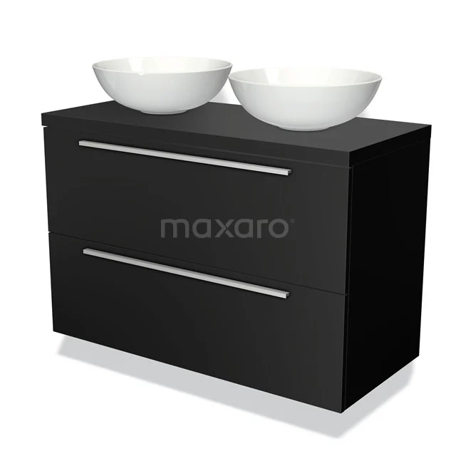 Zwarte badkamermeubelset met twee witte waskommen, modern ontwerp en chromen handgrepen, geschikt voor stijlvolle badkamers.