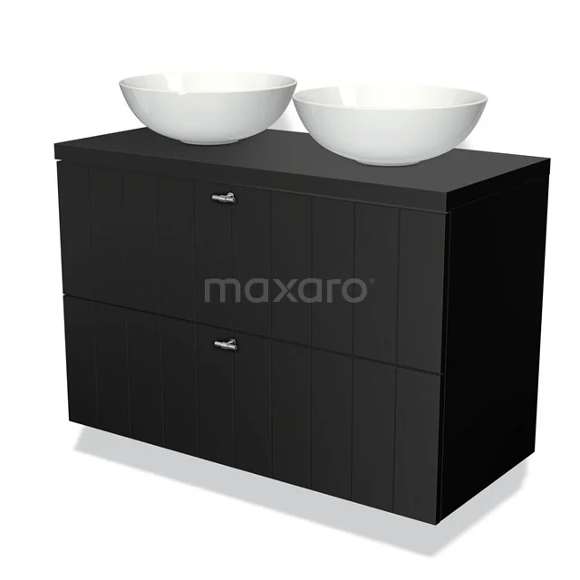 Zwart badkamermeubel met twee witte waskommen, modern design, geschikt voor stijlvolle badkamerinrichting.