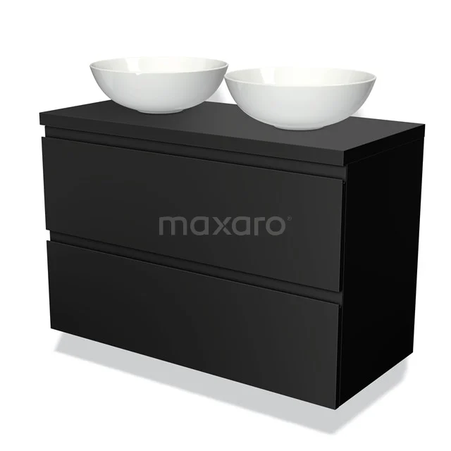 Zwart badkamermeubel met twee witte ovale opbouwwastafels, strak design van hout, perfect voor moderne badkamers.