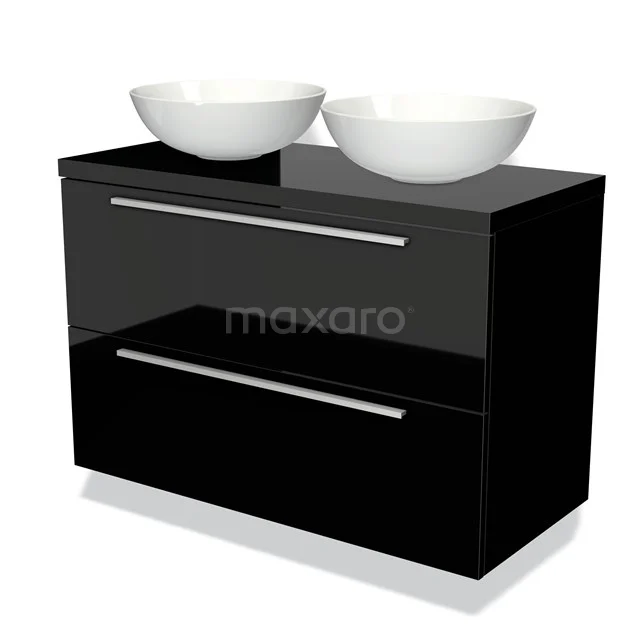 Zwarte glanzende badkamermeubel met twee witte keramische waskommen, moderne minimalistische stijl met chromen handgrepen.