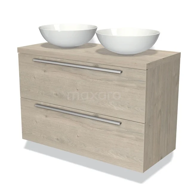 Holz-Badmöbel mit zwei weißen Aufsatzwaschbecken, zwei geräumigen Schubladen und einem modernen Design. Perfekt für stilvolle Badezimmerlagerung.