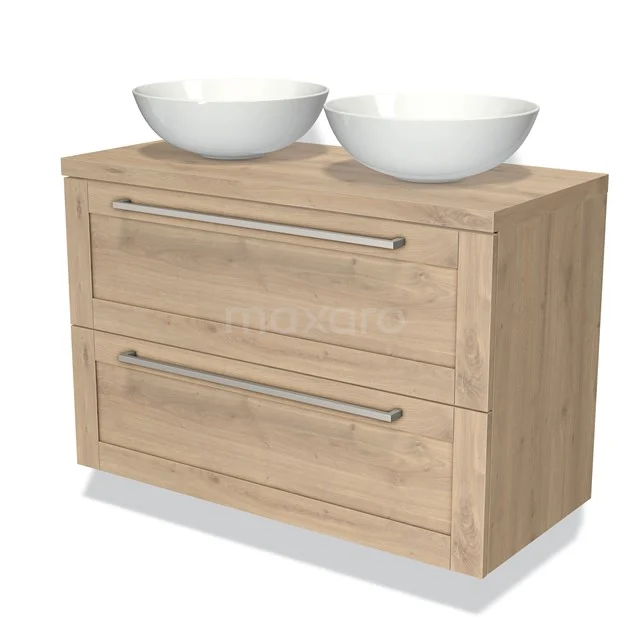 Eikenhouten badkamermeubel met 2 brede lades en dubbele witte wastafels, perfect voor een stijlvolle en moderne badkamer.