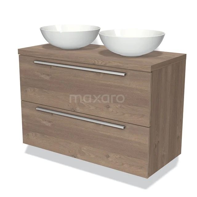 Holz Badezimmermöbel mit zwei weißen Aufsatzwaschbecken, Kommode mit metallischen Haltegriffen, natürliches Design.