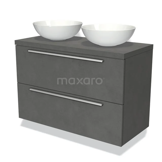 Grijze badmeubelset met twee witte kommen, strak design en metalen grepen, ideaal voor een moderne badkamer.