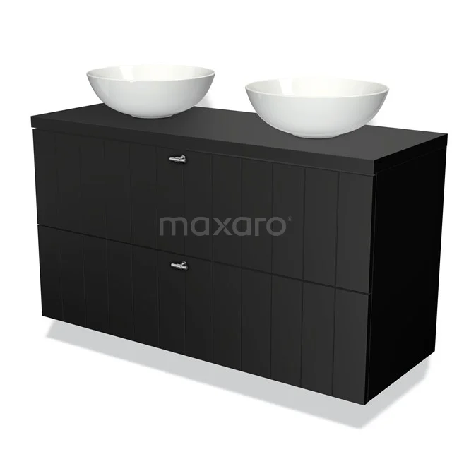 Black bathroom furniture set with two white countertop wash basins, sleek design, suitable for modern bathrooms.