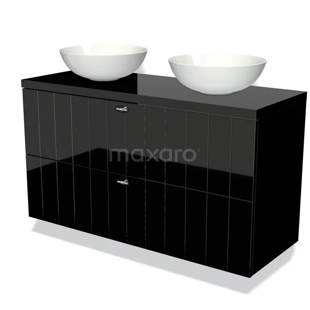 Schwarz glänzendes Badmöbel mit doppelten weißen Aufsatzwaschbecken, modernes Design aus hochwertigem Material.