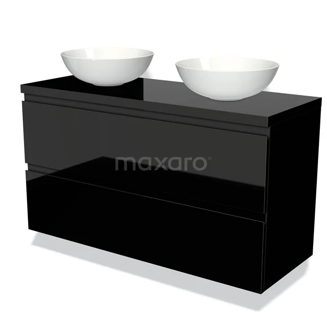 Schwarz Hochglanz-Badmöbel mit doppelten Aufsatzwaschbecken, modernes Design, geeignet für luxuriöse Badezimmergestaltung.