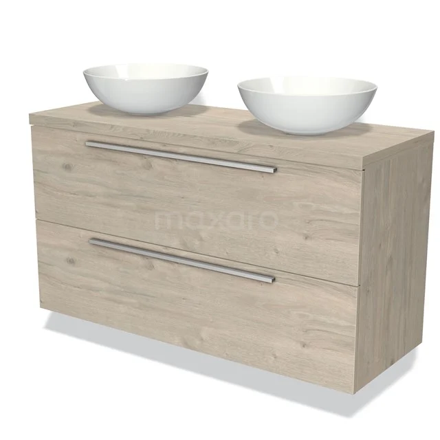 Badezimmermöbel Holzoptik mit doppelten Aufsatzwaschbecken, modernes Design, 2 Schubladen mit Metallgriffen, ideal für ein stilvolles Badezimmer.