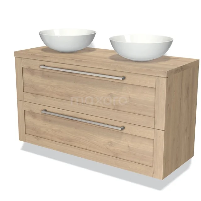 Oak bathroom unit with double ceramic countertop wash basins, modern stainless steel handles and two soft-close drawers.