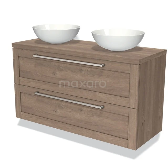 Wooden bathroom unit with double drawers, natural colour and two white round countertop wash basins, ideal for modern bathroom design.