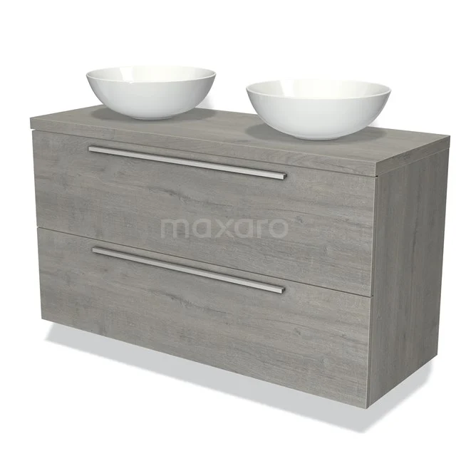 Grey wooden bathroom unit with double round white countertop wash basins and stylish metal handles.