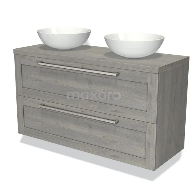 Grijze houten badkamermeubel met twee ovalen wastafels en metalen handgrepen, ideaal voor een moderne badkamerstijl.