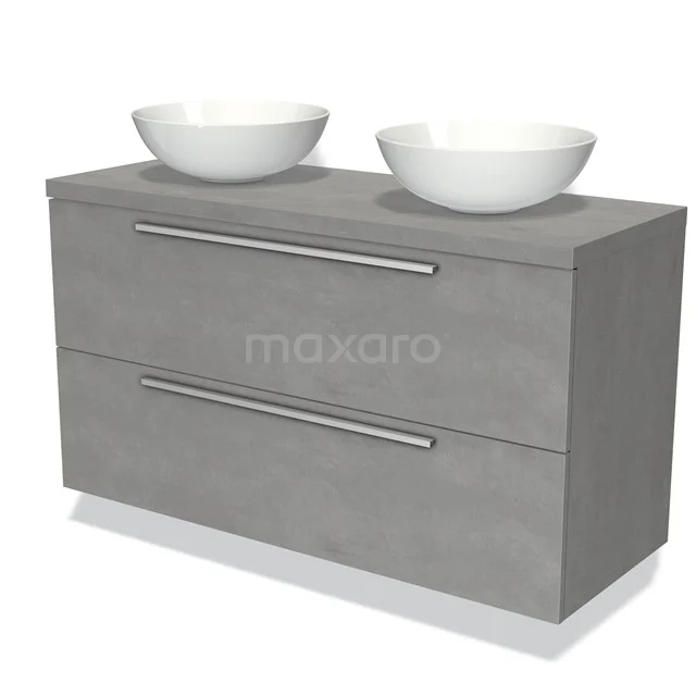 Badmöbel für Waschtischunterschrank mit Konsole 120cm Modulo Plato hellgrauer Beton 2 Schubladen flach BMK17-00083 Grau hängendes Badezimmermöbel mit doppelten runden Waschbecken, minimalistisches Design und schlichte Chromfarbene Haltegriffe.