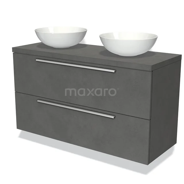 Graues Doppelwaschbeckenmöbel mit zwei weißen schalenförmigen Waschbecken, elegantes Design, ideal für moderne Bäder.