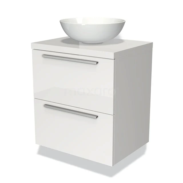 Weißes Badezimmermöbel mit zwei Schubladen, keramischem Aufsatzwaschbecken und modernen Haltegriffen, ideal für ein stilvolles Badezimmer.