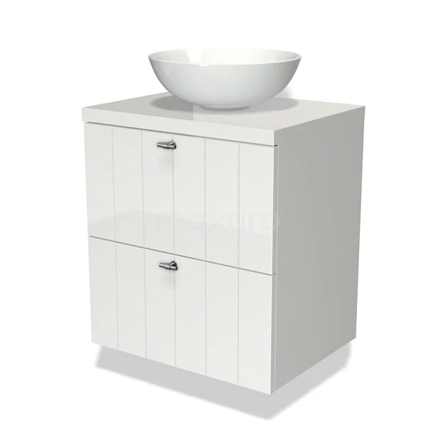 Weißes Badmöbel mit Holzoptik, 2 Schubladen und einem runden keramischen Aufsatzwaschbecken, perfekt für eine moderne Badezimmergestaltung.