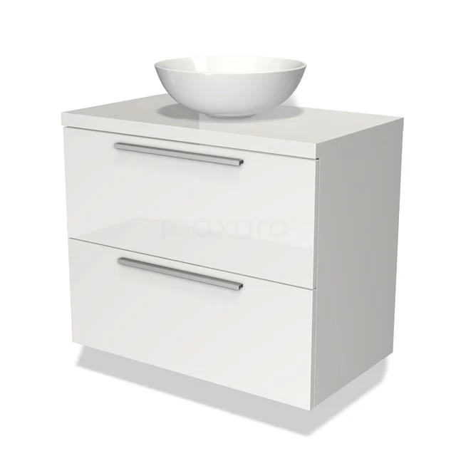 Wit badkamermeubel met glanzende afwerking, ronde wastafel van keramiek en twee lades met chromen handgrepen.