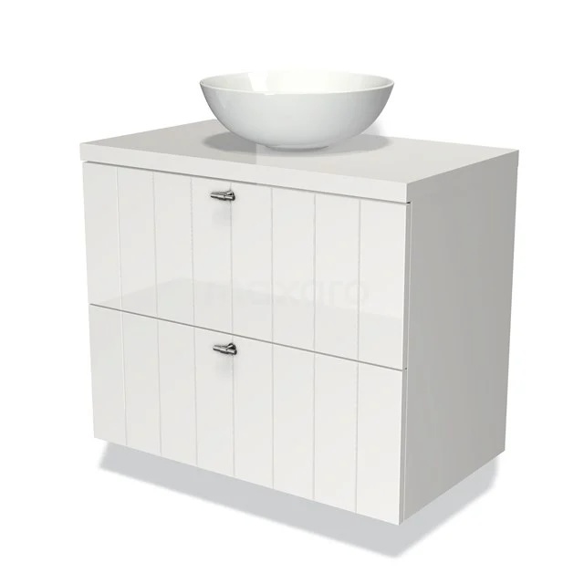 Weißes Badezimmermöbel mit zwei Schubladen und einem runden Aufsatzwaschbecken oben, aus glatten Paneelen gefertigt, ideal für ein modernes Badezimmer.