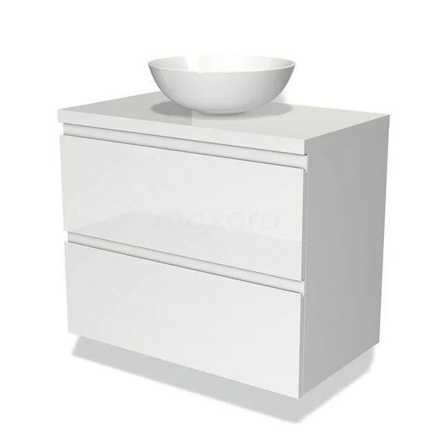 Weißes Badezimmermöbel mit Hochglanzoberfläche, doppelten Schubladen und einem runden Waschbecken obenauf.