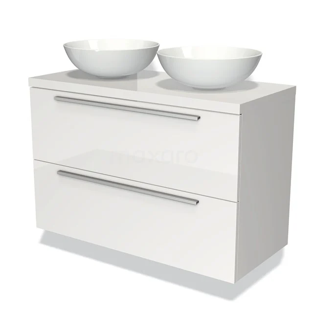 Witgelakte Badmöbelset mit zwei keramischen runden Aufsatzwaschbecken und Schubladen, ideal für moderne Badezimmergestaltung.
