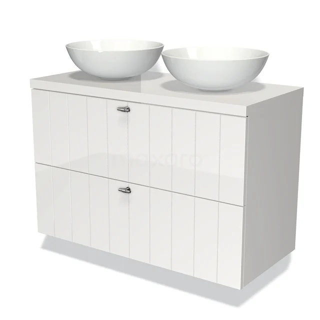 Weißes Badezimmermöbel mit Doppelwaschbecken, moderne glänzende Oberfläche, ideal für stilvolle Badezimmergestaltung.