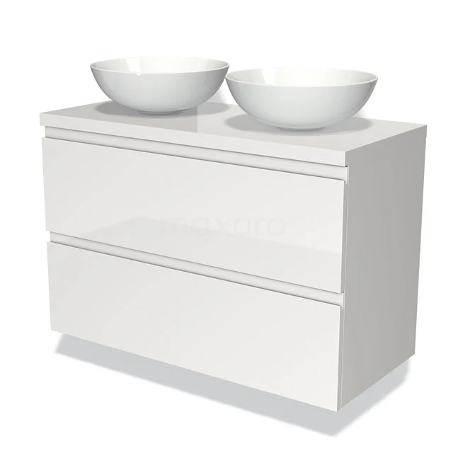 Waschtischunterschrank mit Konsole 100cm Modulo Plato Hochglanz Weiß 2 Schubladen Grifflos BMK17-00093 Weißes Badezimmermöbel aus Hochglanzmaterial mit zwei runden Aufsatzwaschbecken, ausgestattet mit Softclose Schubladen für zusätzlichen Komfort.