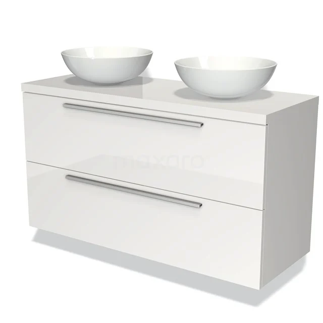 Weißes Doppelwaschbeckenmöbel aus hochglanz MDF mit zwei runden Aufsatzwaschbecken, ideal für eine moderne Badezimmer Einrichtung.