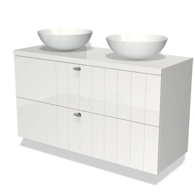 Waschtischunterschrank mit Konsole 120cm Modulo Plato Hochglanz Weiß 2 Schubladen Laminat BMK17-00095 Weißes Badezimmermöbel mit doppeltem Aufsatzwaschbecken, schlankem Design und Hochglanz-Oberfläche, ideal für einen modernen Badezimmerstil.