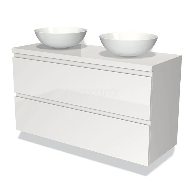 Waschtischunterschrank mit Konsole 120cm Modulo Plato Hochglanz Weiß 2 Schubladen Grifflos BMK17-00096 Weißes Hochglanz-Badmöbel mit zwei runden Aufsatzwaschbecken, modernes Design, ideal für eine stilvolle Badezimmerinrichtung.