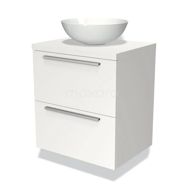 Wit badkamermeubel met twee lades en geïntegreerde witte waskom, strak design, ideaal voor moderne badkamers.