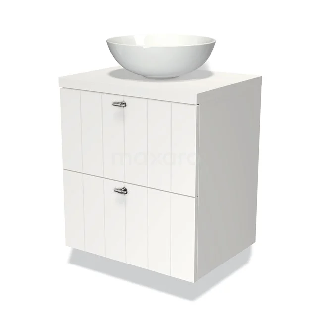 Badmöbel mit Konsole 60cm Modulo Plato Matt Weiß 2 Schubladen Laminat BMK17-00098 Weißes Badezimmermöbel mit zwei Schubladen, vertikalen Rillen und einem runden weißen Aufsatzwaschbecken, hergestellt aus hochwertigem MDF.