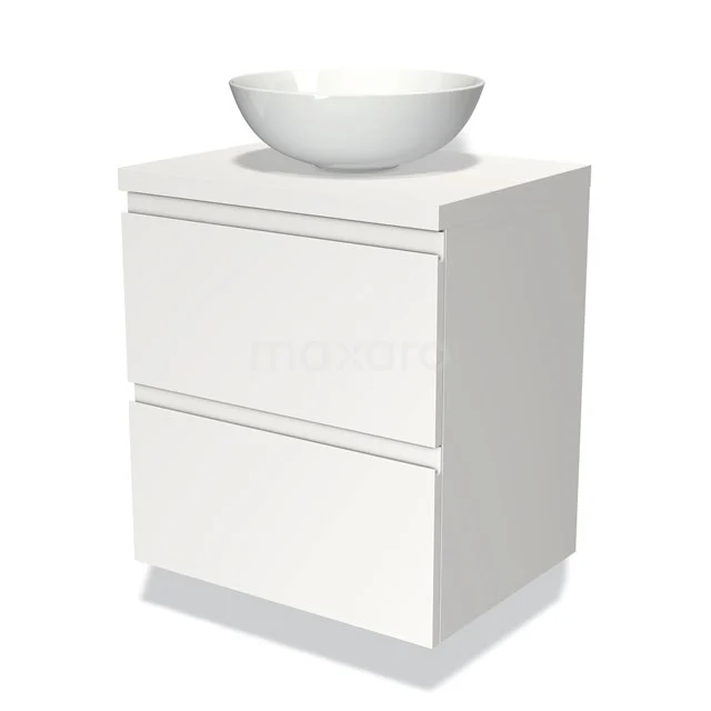 Wit badkamermeubel met twee lades en ronde keramische wastafel, compact design voor moderne badkamers.