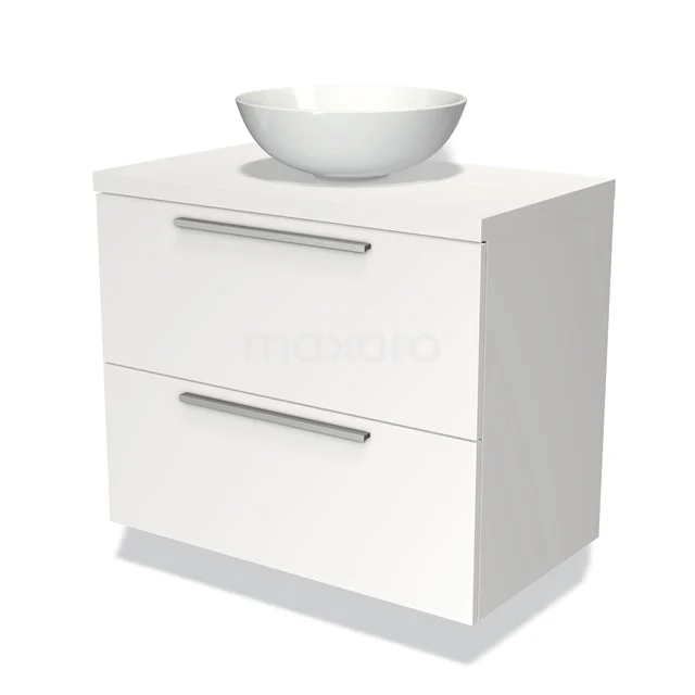 Weißer Badschrank mit zwei Schubladen und einem modernen runden Waschbecken, hergestellt aus hochwertigen Materialien für eine stilvolle Ausstrahlung.