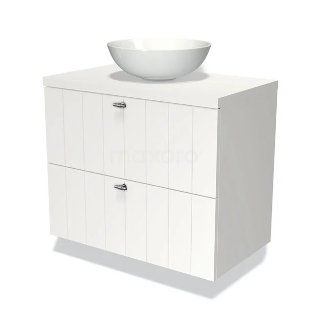 Weißes Badezimmermöbel mit zwei Schubladen, einem modernen Aufsatzwaschbecken und horizontalen Rillen. Perfekt für einen klaren Badezimmerstil.