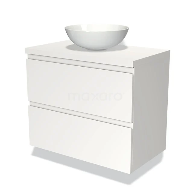 Weißes Badmöbel mit Waschbecken, modernes Design mit klaren Linien und zwei Schubladen für Stauraum.