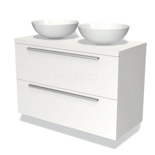 Wit badkamermeubel met twee wastafelkommen, strak design, softclose lades en chrome grepen, ideaal voor moderne badkamers.