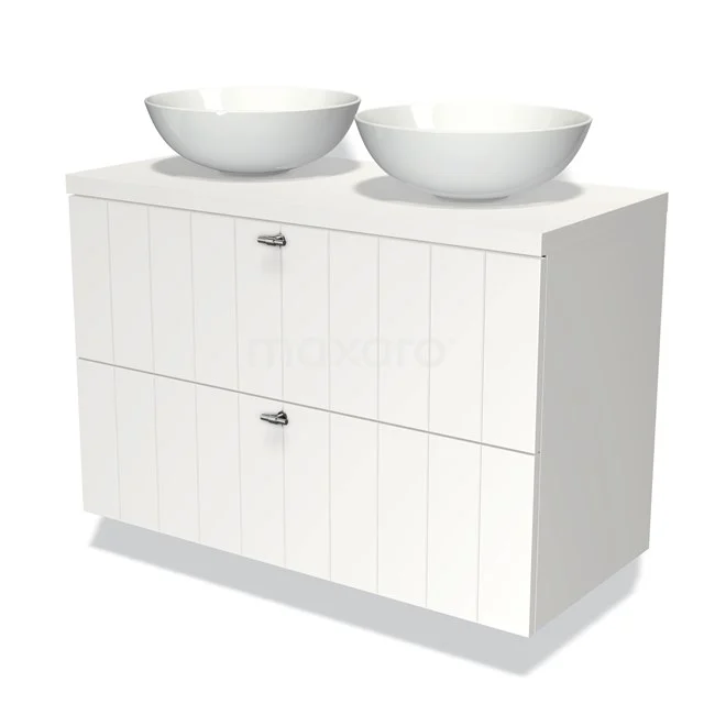 Weiße Badmöbelset mit zwei runden Schalen, Holzoptik-Paneelen und chromfarbenen Griffen, perfekt für ein modernes Badezimmer.