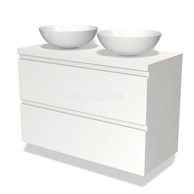 Wit badkamermeubel met twee ronde waskommen, moderne design look, strakke afwerking en ruime opberglades.