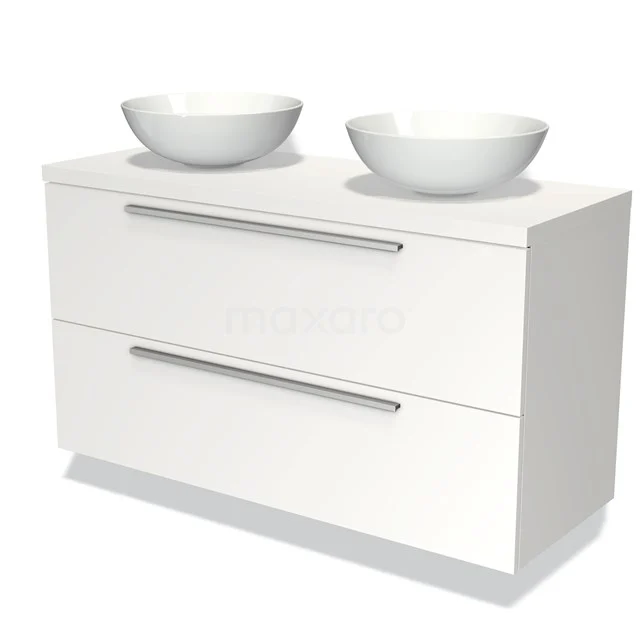 Badmöbelunterschrank mit Konsole 120cm Modulo Plato Matt Weiß 2 Schubladen Flach BMK17-00106 Weißes Badezimmermöbel mit doppelten Aufsatzwaschbecken, schlankem Design und metallischen Griffen, ideal für moderne Bäder.