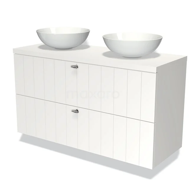 Weißes Badezimmermöbel mit zwei runden Aufsatzwaschbecken, Holzlook-Design und doppelten Schubladen für praktischen Stauraum.