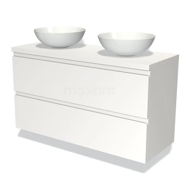 Modulo Plato Vanity units for countertop basin | 120 cm Matte white Handle-less front Matte white worktop 2 Stacked drawers BMK17-00108