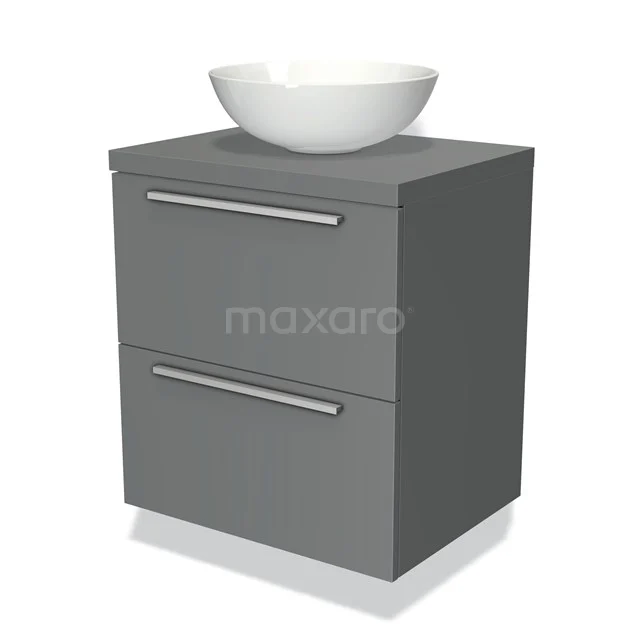 Grijze badkamerkast met twee lades, een witte keramische waskom en moderne metalen handgrepen, ideaal voor een moderne badkamer.